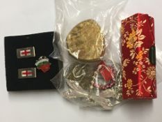 Qty of costume jewellery, vintage lipstick holder & Red Cross cufflinks & lapel badge.  Estimate £