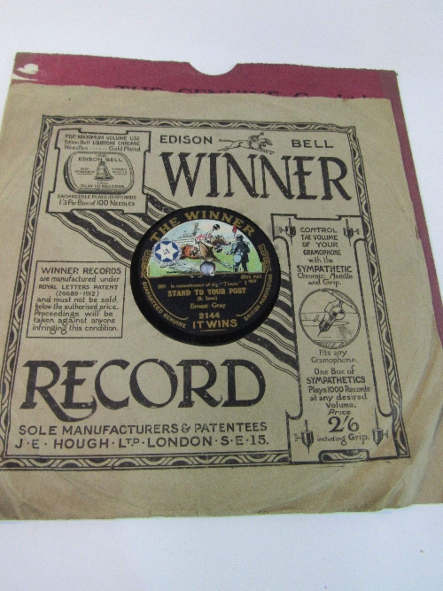 Titanic Souvenir Record, 78rpm. Issued in 1912, in remembrance of the Titanic. Double sided record