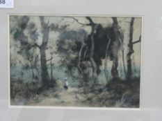 Framed & glazed watercolour of forest scene & figure & a framed & glazed watercolour of trees in