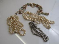 Sterling silver necklace, weight 1.6oz, length 64cms; 2 double knotted strings of pearls, length