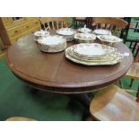 Mahogany circular table on central pedestal to 3 claw feet on casters, diameter 120cms. Estimate £