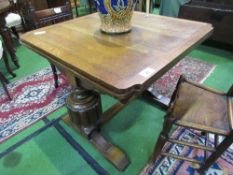 1930's style oak draw-leaf table on large bulbous legs to stretcher, 90 (closed) x 90 x 75cms.