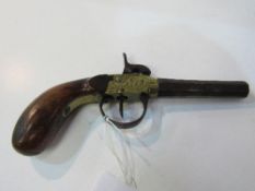 Victorian pocket pistol, palm shaped, walnut stock engraved casing, detachable octagonal barrel.