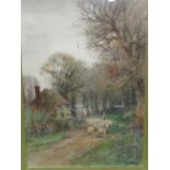 Gilt framed & glazed watercolour of rural scene of cottage, shepherd & sheep, signed H C Fox,