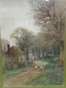 Gilt framed & glazed watercolour of rural scene of cottage, shepherd & sheep, signed H C Fox,