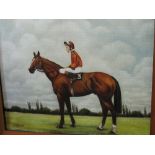 Oil on board commemorative painting of Lester Piggott on 'Karabas' signed F Manning, 1977, 57 x