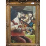 Very ornately carved frame reproduction oil on canvas of musicians, 127 x 100cms. Estimate £20-30