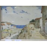 Framed & glazed watercolour of Mediterranean scene, signed Diaz & an oil on board of beach scene,