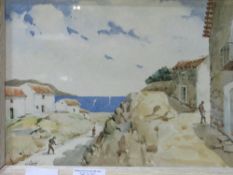 Framed & glazed watercolour of Mediterranean scene, signed Diaz & an oil on board of beach scene,