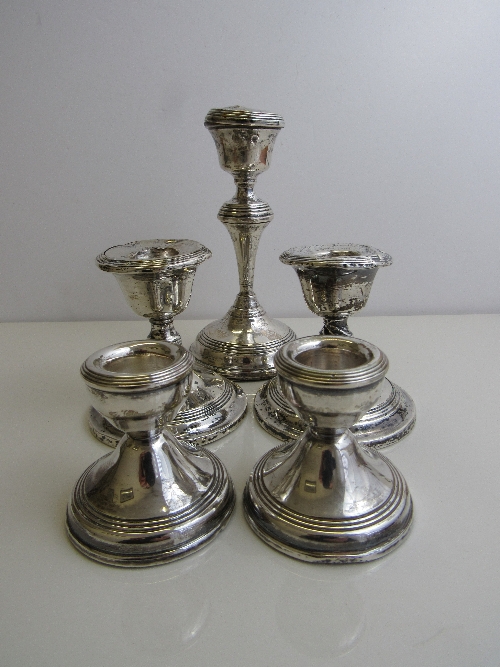 2 pairs short hallmarked silver candlesticks, and 1 other silver candlestick. Est 20-30