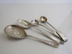 Small Victorian silver berry spoon, Birmingham, by Elkington & Co, length 12cms; 2 Georgian