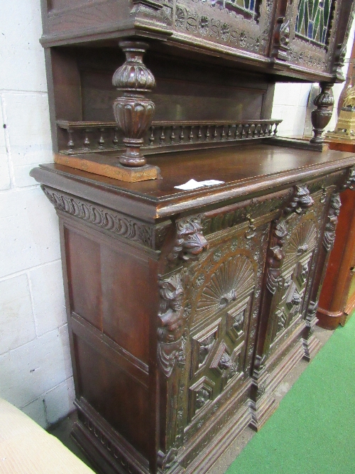 Large ornately carved continental dresser/cabinet with 2 stained glass fronted doors to cabinet over - Image 10 of 11