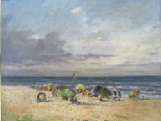 Oil on canvas in white painted frame of a beach scene after Eugene Boudin, 73 x 83cms. Estimate £