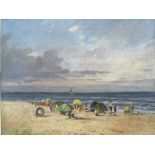 Oil on canvas in white painted frame of a beach scene after Eugene Boudin, 73 x 83cms. Estimate £