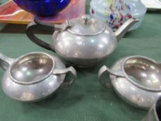 James Dixon & Sons "Cornish Pewter" tea set, 4no Victorian pewter measures, brass dish and copper