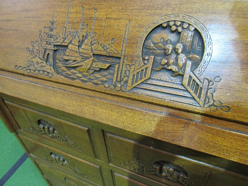 Oak bureau with oriental scene carved decoration, 4 over 1, 92 x 45 x 104cms. Estimate £30-50 - Image 6 of 6