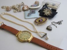 Silver locket; silver & marcasite earrings; 2 pearl necklaces; assorted brooches & a Limit gent's