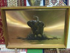 Oak framed copper elephant picture fire screen, picture signed D Thomson