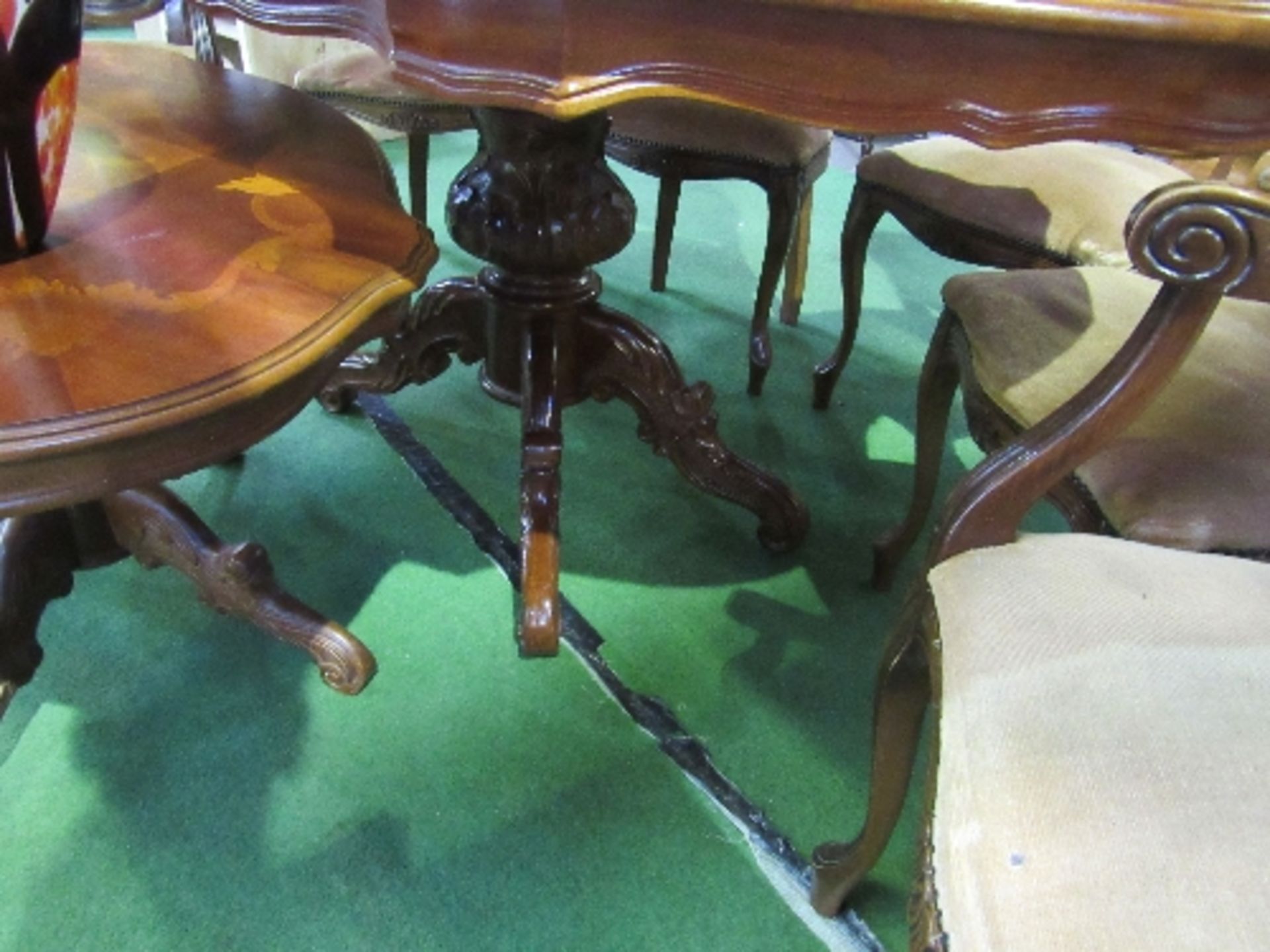 Inlaid shaped top dining table on heavy turned column to 4 shaped & carved legs. Estimate £40-60 - Image 2 of 3