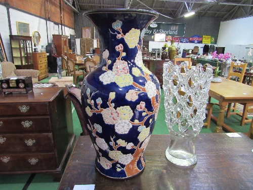 Tall blue oriental vase, height 53cms together with lattice work glass vase, height 38cms.
