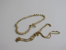 9ct gold fine chain necklace, 1.8gms & a 750 marked yellow white & rose gold bracelet, weight