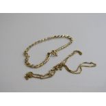 9ct gold fine chain necklace, 1.8gms & a 750 marked yellow white & rose gold bracelet, weight