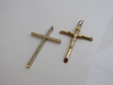 9ct gold and diamond cross pendant Wt 2.9gms, 9ct gold crucifix with initials INRI weight 2.3gms.