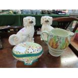Pair of Staffordshire dogs, Clarice Cliff pottery jug & Majolica pot pourri. Estimate £20-30