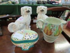 Pair of Staffordshire dogs, Clarice Cliff pottery jug & Majolica pot pourri. Estimate £20-30