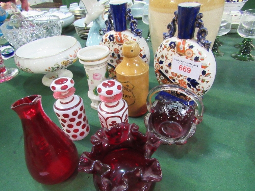 Salt glazed jar; pair of old Derby moon flasks; 3 pieces of ruby glass & a pair of scent bottles.