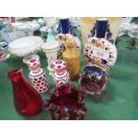 Salt glazed jar; pair of old Derby moon flasks; 3 pieces of ruby glass & a pair of scent bottles.