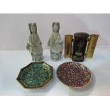 Small Cloisonné dish; small hand-painted Oriental dish; a pair of Celadon figures & a religious icon