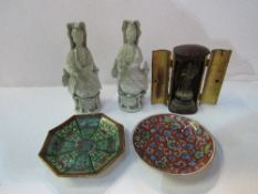 Small Cloisonné dish; small hand-painted Oriental dish; a pair of Celadon figures & a religious icon