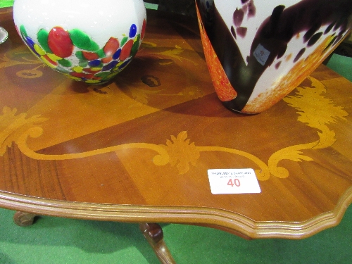 Inlaid shaped top coffee table on pedestal to 4 shaped & carved legs. Estimate £20-30 - Image 3 of 3