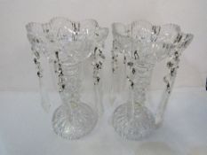 Pair of mantle piece lustre candlesticks with original droplets. Estimate £50-60