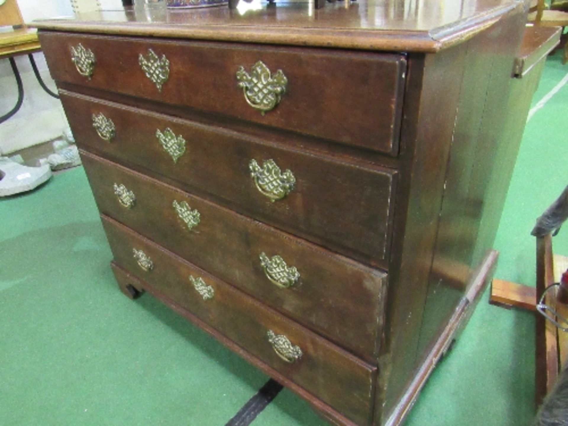 Georgian oak chest of 4 graduated drawers with ornate brass handles & escutcheons on bracket feet, - Image 4 of 4