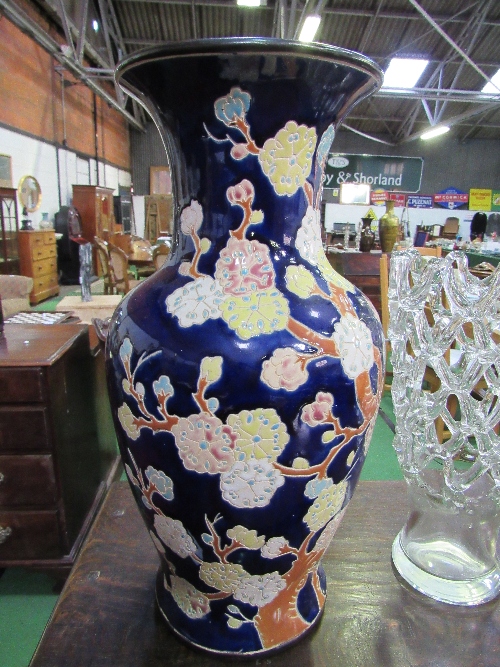 Tall blue oriental vase, height 53cms together with lattice work glass vase, height 38cms. - Image 2 of 3