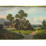 Plaster & wood framed oil on canvas, believed Norfolk school of a cottage & church with figures &