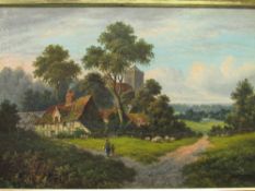 Plaster & wood framed oil on canvas, believed Norfolk school of a cottage & church with figures &