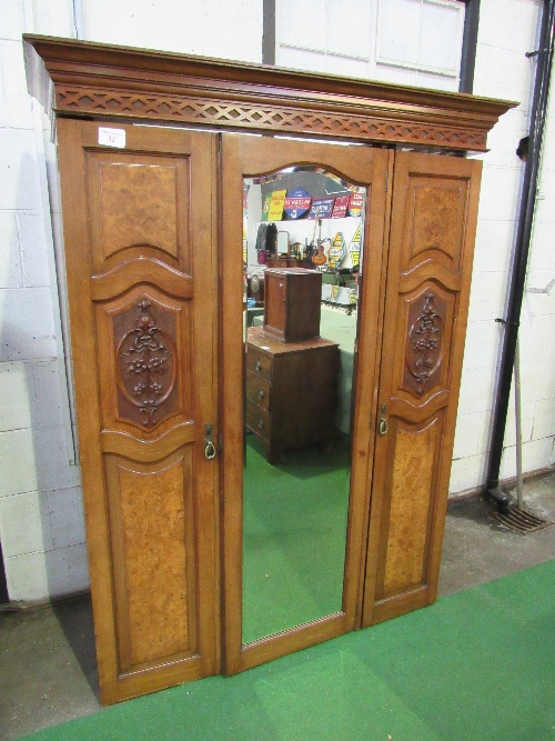 Mahogany double fronted wardrobe with mirror door, walnut & applied carved panels & interior