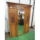 Mahogany double fronted wardrobe with mirror door, walnut & applied carved panels & interior