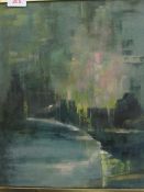 Framed abstract oil on canvas; framed oil on canvas woodland scene & framed oil on canvas of sea