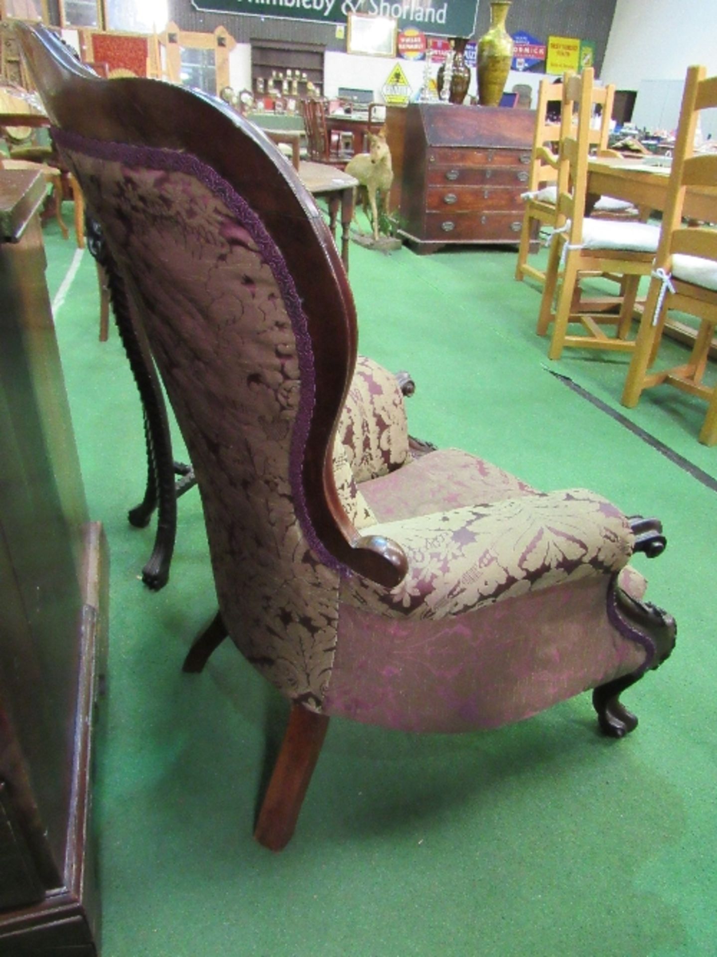 Victorian carved mahogany framed lady's armchair, upholstered in original button back fabric. - Image 5 of 5