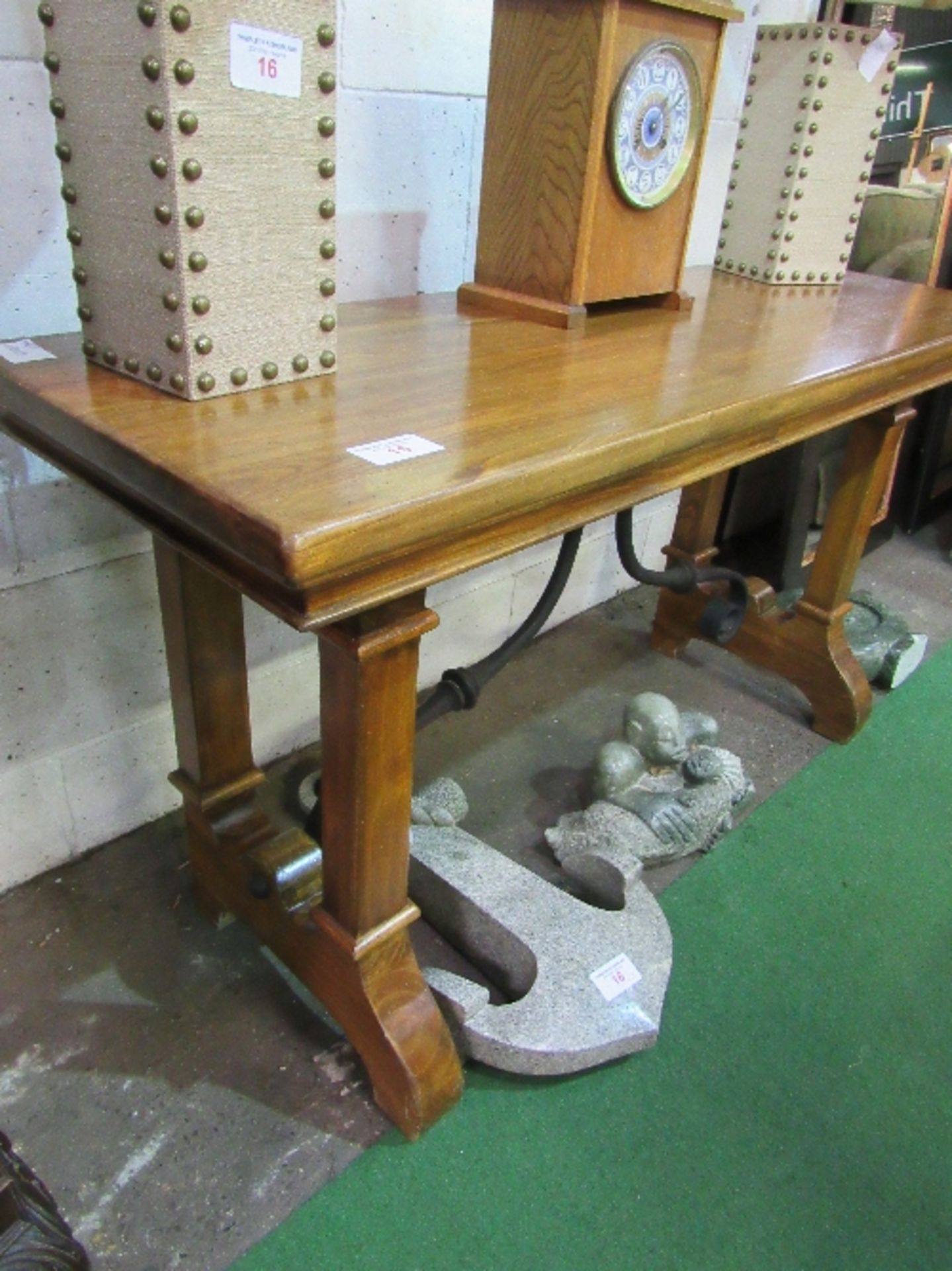 Hardwood console table with cast iron scrolled supports to block legs, 150 x 50 x 80cms. Estimate £ - Image 2 of 5