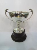 Hallmarked silver 2 handled trophy on Bakelite stand, height (including stand) 23cms. Estimate £