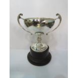 Hallmarked silver 2 handled trophy on Bakelite stand, height (including stand) 23cms. Estimate £