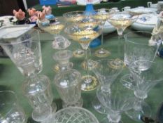 Blue glass tulip vase; 6 champagne glasses; 2 glass bottles; 2 whisky tumblers & qty of other