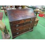 Early 19th century mahogany bureau with fitted interior over 4 graduated drawers on bracket feet, 92
