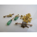 A pair of 18ct gold and jade drop earrings and 3no gold coloured brooches. Estimate £30-50