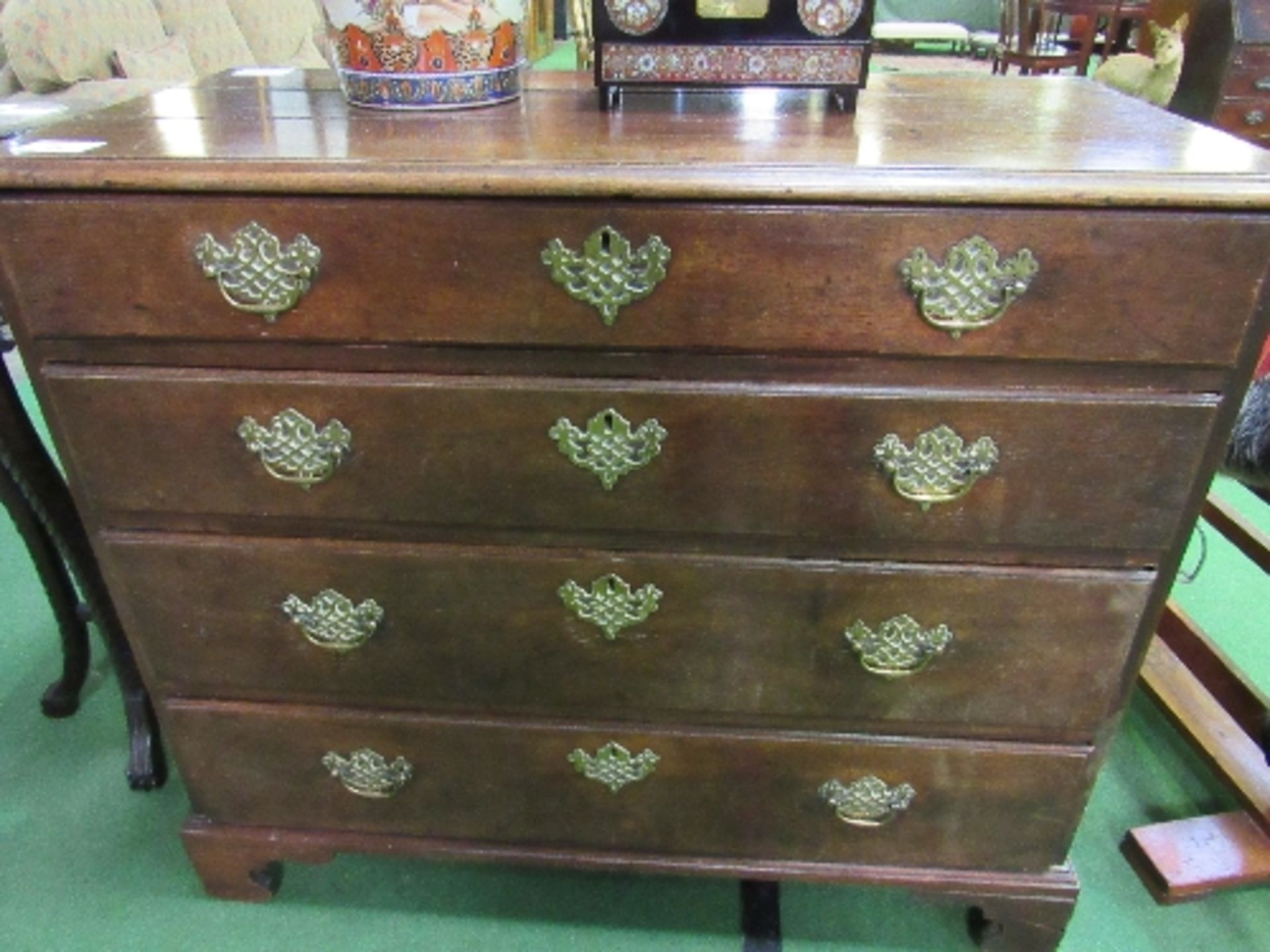 Georgian oak chest of 4 graduated drawers with ornate brass handles & escutcheons on bracket feet, - Image 2 of 4